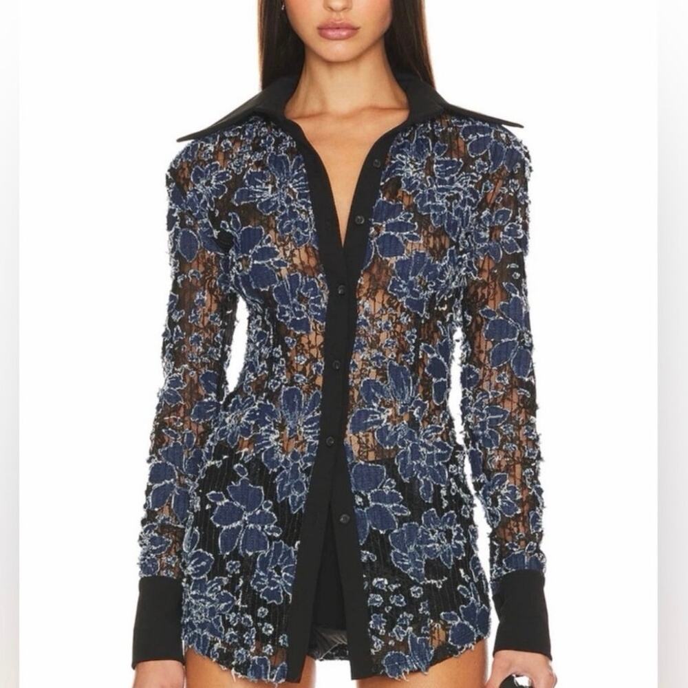 Revolve Aaizel Faux Denim Lace Floral Burnout Sheer Collared Shirt AU 8 / US 4